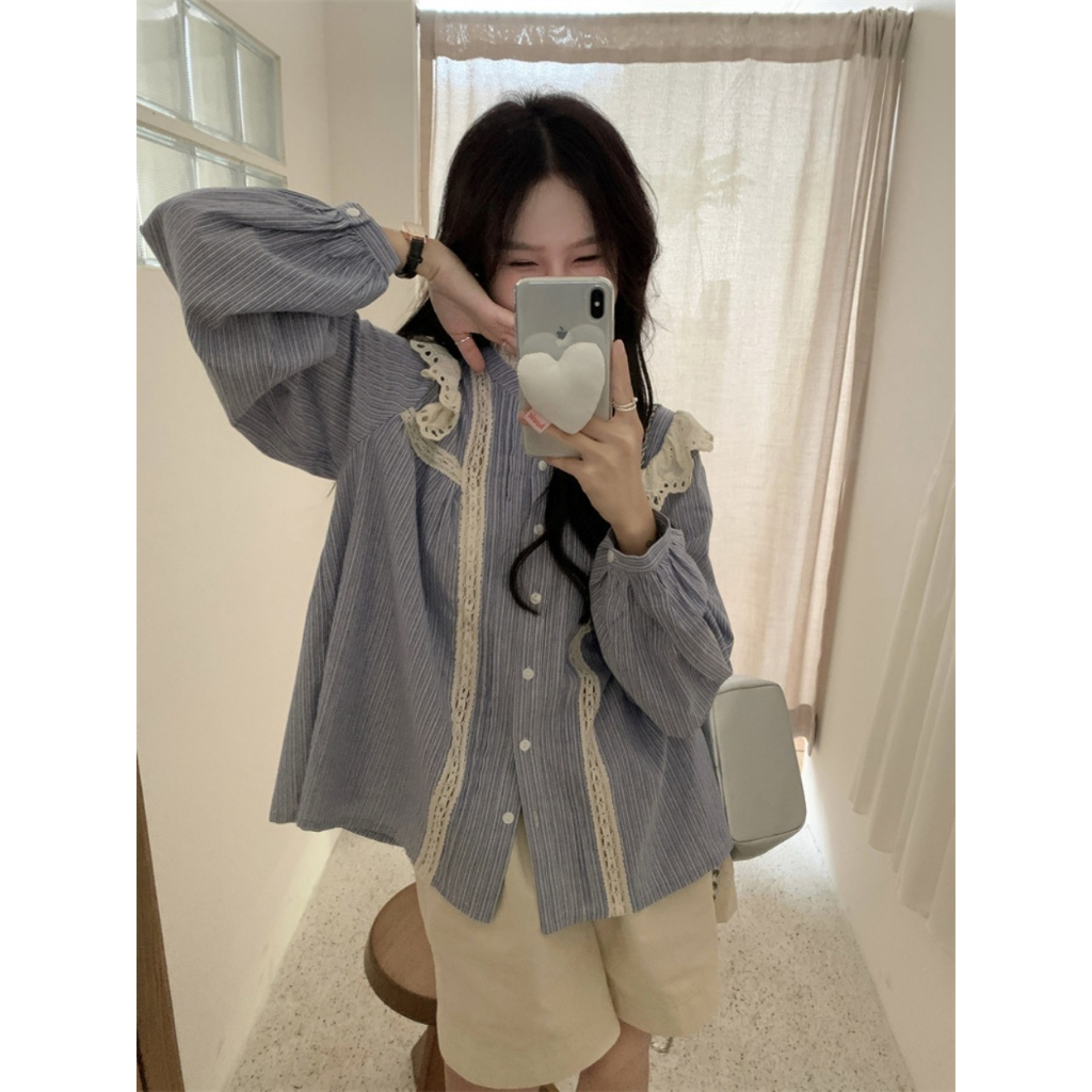 Áo Sơ Mi Nữ Dài Tay Phối Ren Sang Chảnh Phong Cách Ngọt Ngào Hàn Quốc