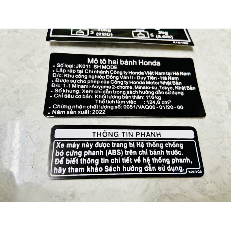 Bộ Tem Thông Số + Năm sản xuất + ghi nhớ  xe máy Honda SH Mode  ABS 2020 2021 2022 2023
