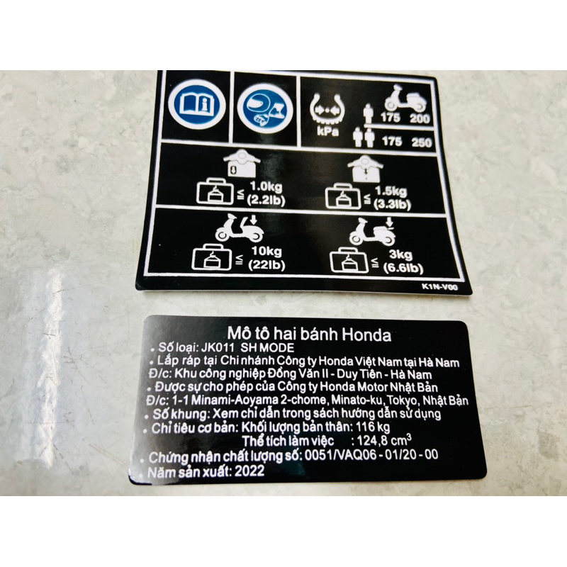 Bộ Tem Thông Số + Năm sản xuất + ghi nhớ  xe máy Honda SH Mode  ABS 2020 2021 2022 2023