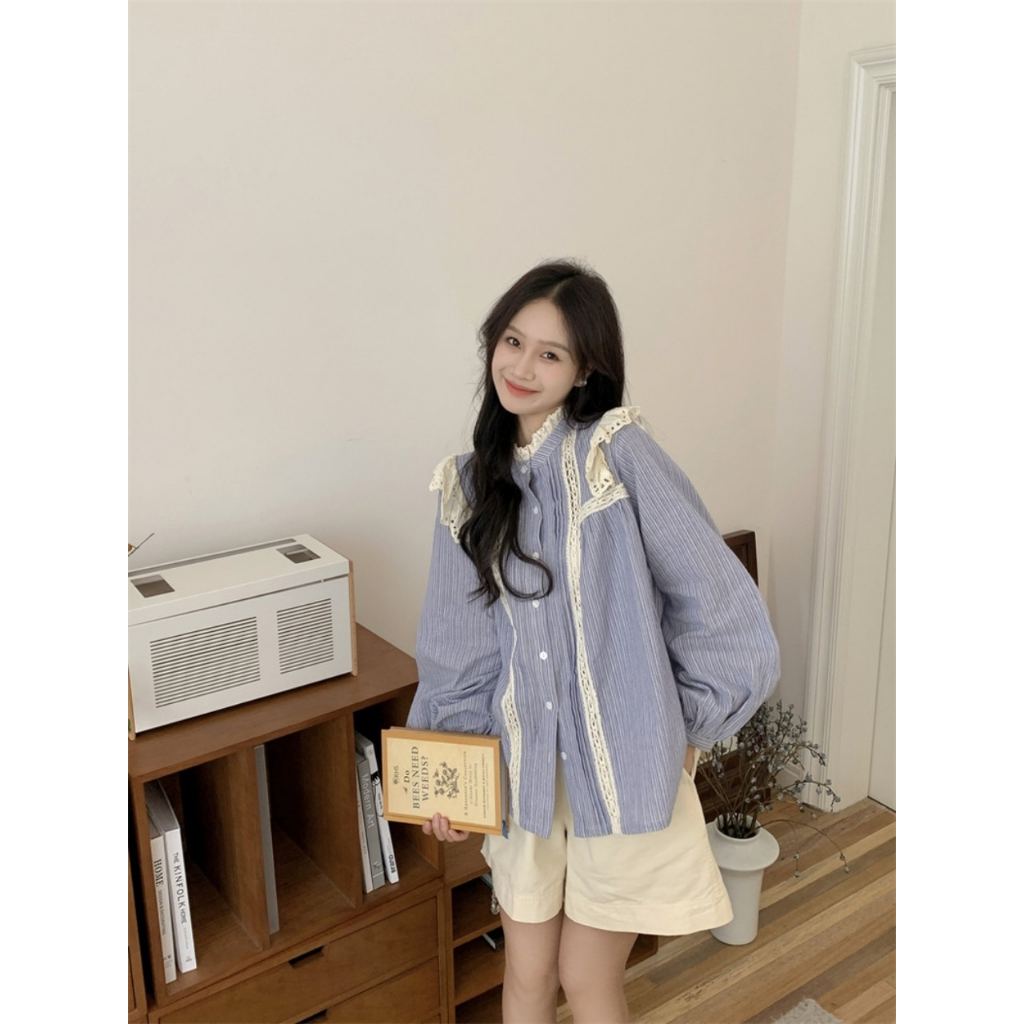 Áo Sơ Mi Nữ Dài Tay Phối Ren Sang Chảnh Phong Cách Ngọt Ngào Hàn Quốc