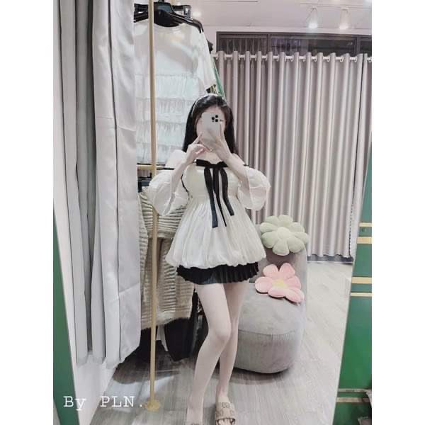 Set Đồ Nữ 💖 Set Áo Trễ Vai Bèo Tiểu Thư Cột Nơ Kèm Chân Váy Hàng QCCC CC07