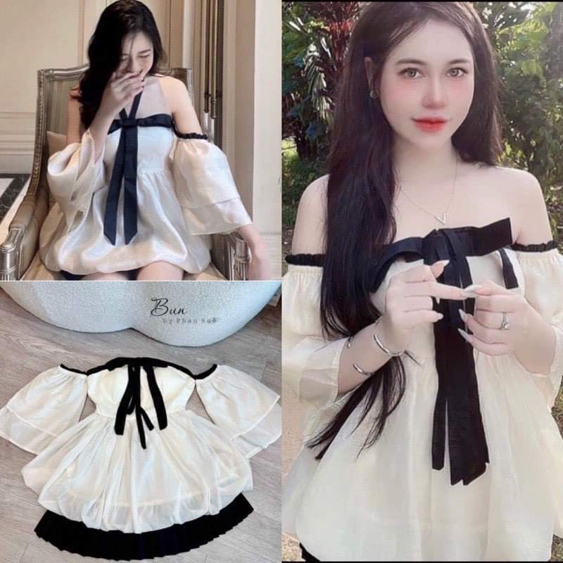 Set Đồ Nữ 💖 Set Áo Trễ Vai Bèo Tiểu Thư Cột Nơ Kèm Chân Váy Hàng QCCC CC07