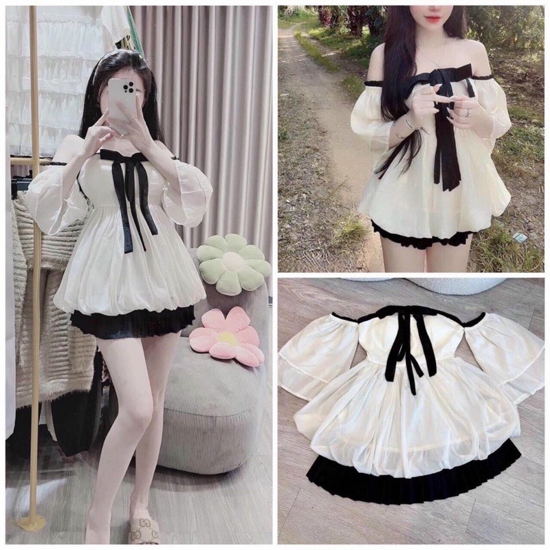 Set Đồ Nữ 💖 Set Áo Trễ Vai Bèo Tiểu Thư Cột Nơ Kèm Chân Váy Hàng QCCC CC07