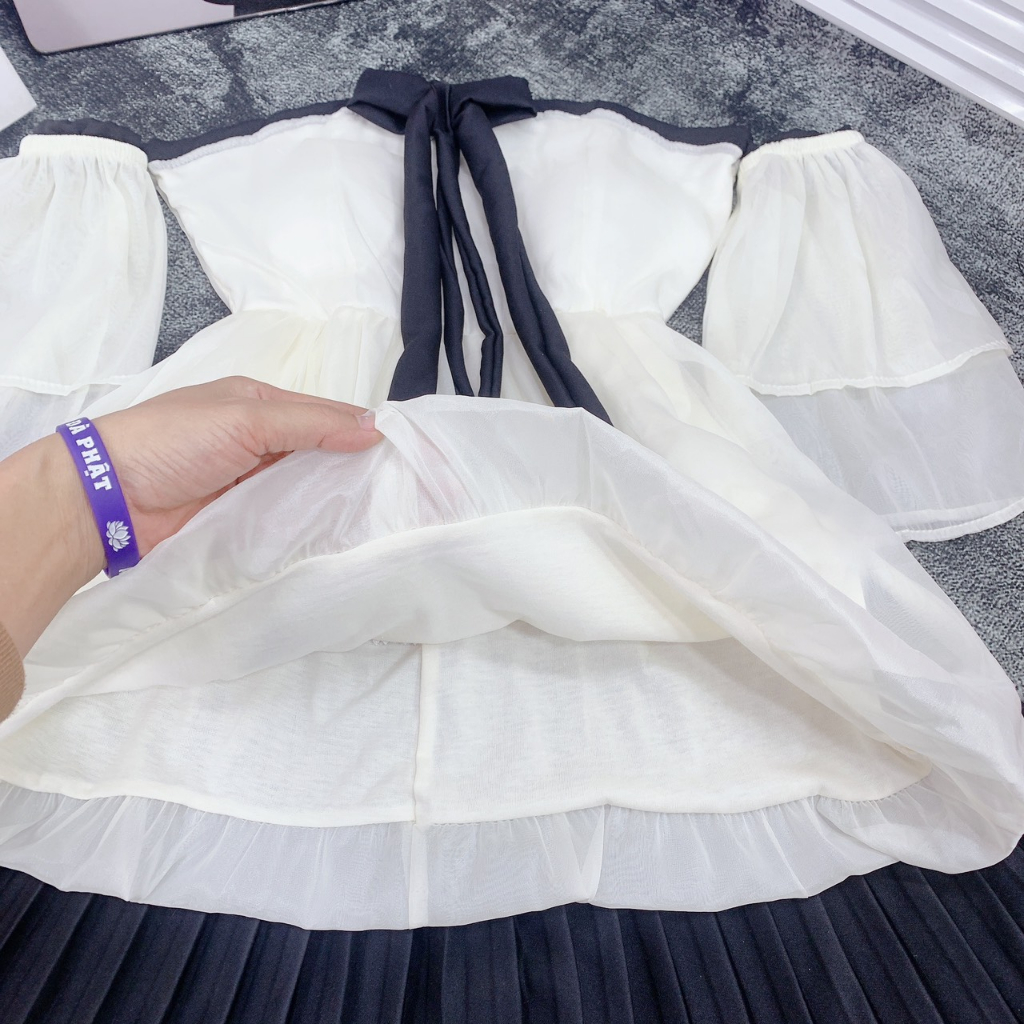 Set Đồ Nữ 💖 Set Áo Trễ Vai Bèo Tiểu Thư Cột Nơ Kèm Chân Váy Hàng QCCC CC07