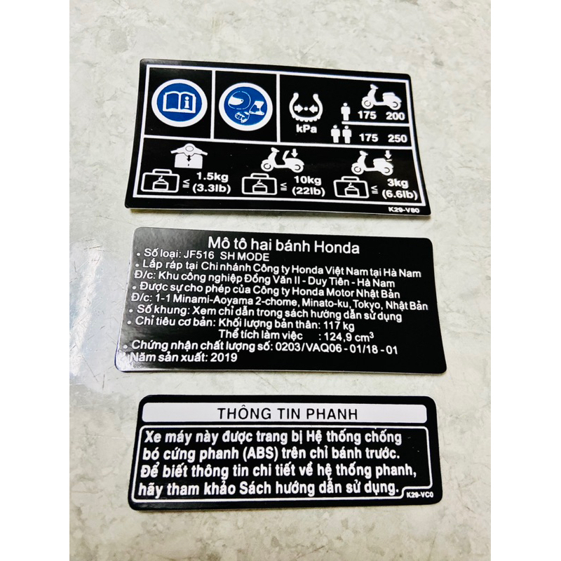 Bộ Tem Thông Số + Năm Sản Xuất + Tem Ghi Nhớ Các Xe Tay Ga HonDa Click Air Blade AB LEAD125 SH MODE PCX VISION SHVN