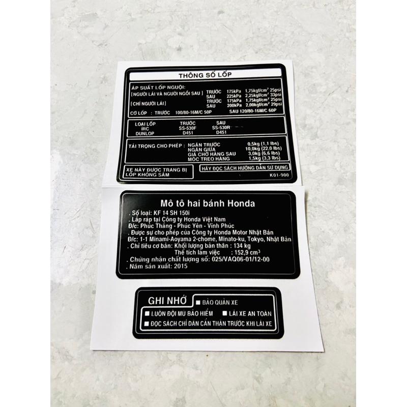 Bộ Tem Thông Số + Năm Sản Xuất + Tem Ghi Nhớ Các Xe Tay Ga HonDa Click Air Blade AB LEAD125 SH MODE PCX VISION SHVN