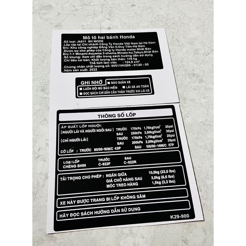 Bộ Tem Thông Số + Năm Sản Xuất + Tem Ghi Nhớ Các Xe Tay Ga HonDa Click Air Blade AB LEAD125 SH MODE PCX VISION SHVN