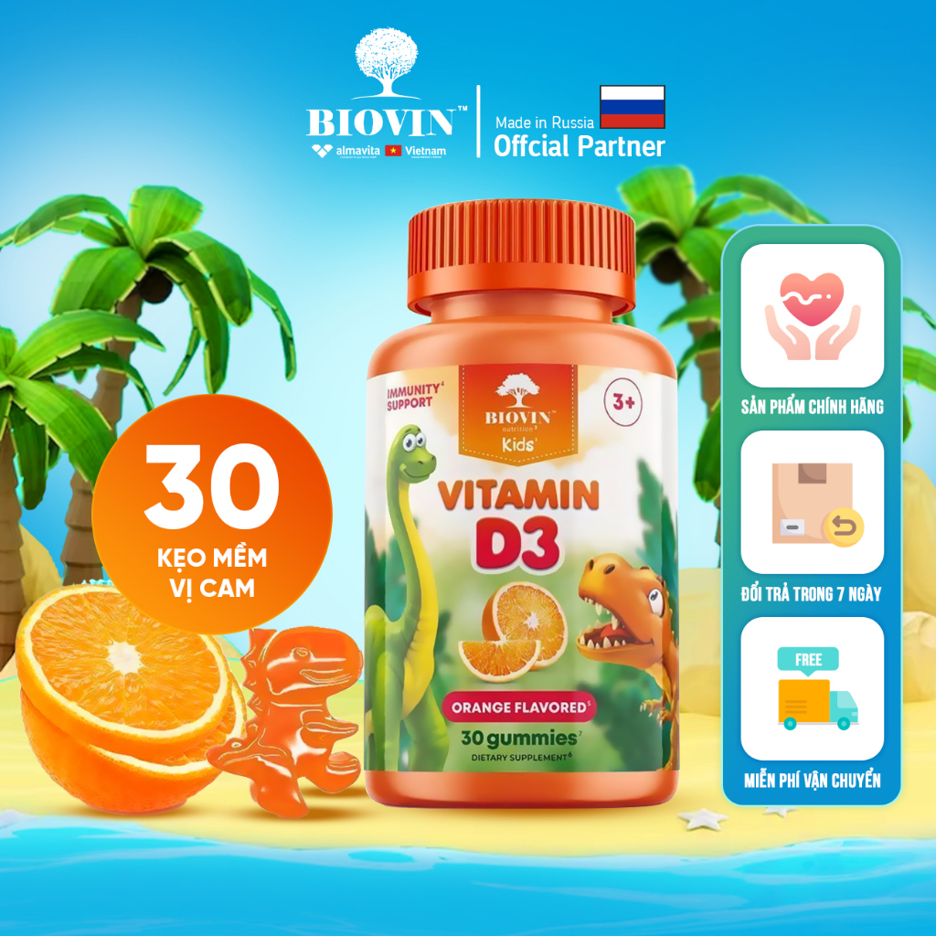 Kẹo dẻo Vitamin D3 Biovin bổ sung Vitamin D3, tăng cường đề kháng, phát triển chiều cao cho bé lọ 30 viên nhập khẩu Nga