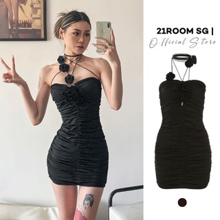 D76 đầm body nữ 21room hoa cổ nữ tính đầm ống xếp ly thời trang nữ