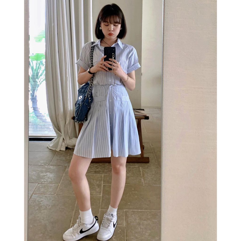 Áo váy sơ mi dáng dài nữ đầm sơ mi kẻ thắt eo công sở đi biển SD7