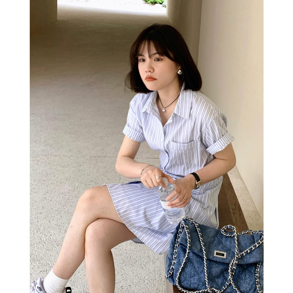 Áo váy sơ mi dáng dài nữ đầm sơ mi kẻ thắt eo công sở đi biển SD7