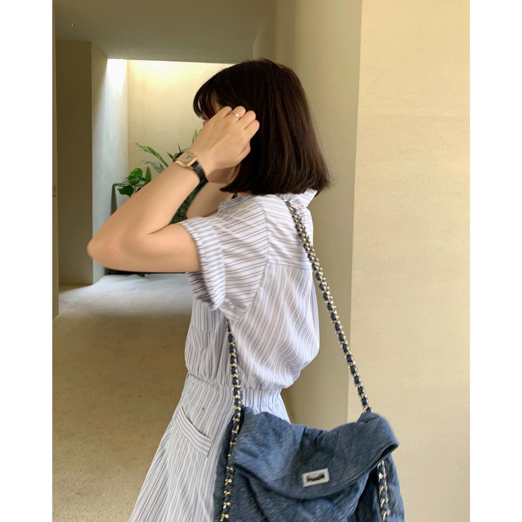 Áo váy sơ mi dáng dài nữ đầm sơ mi kẻ thắt eo công sở đi biển SD7