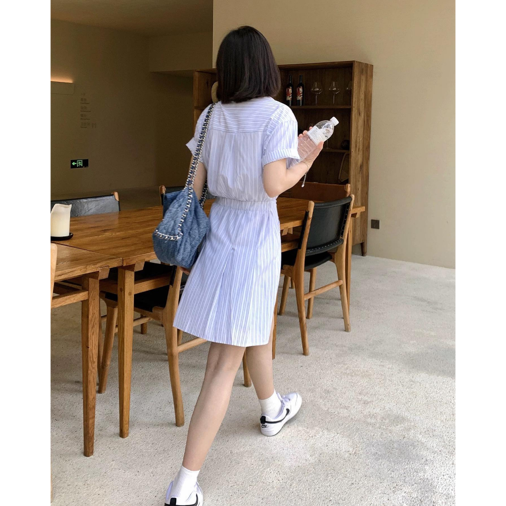 Áo váy sơ mi dáng dài nữ đầm sơ mi kẻ thắt eo công sở đi biển SD7