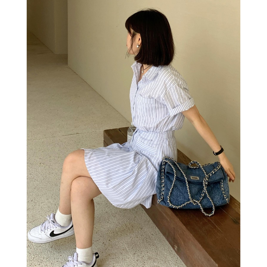 Áo váy sơ mi dáng dài nữ đầm sơ mi kẻ thắt eo công sở đi biển SD7