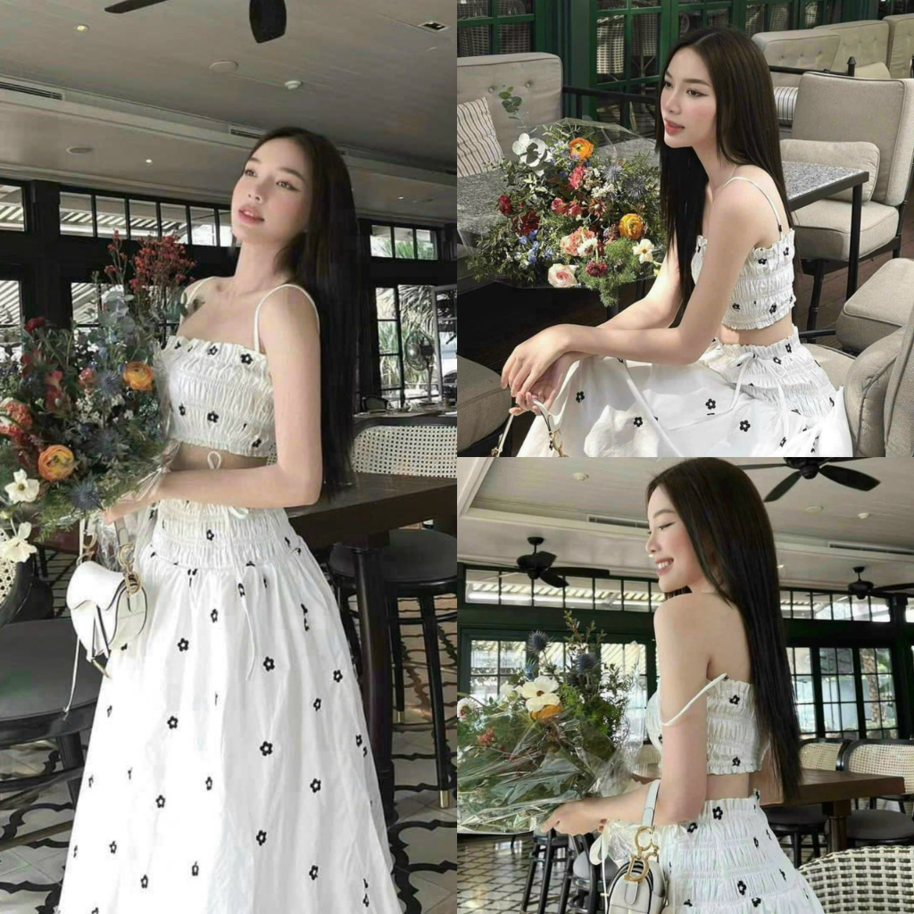 Set bộ đồ nữ áo 2 dây chạy smoking mix chân váy xèo xốp siêu xinh dành cho nàng đi chơi,đi biển thời trang nữ MOON
