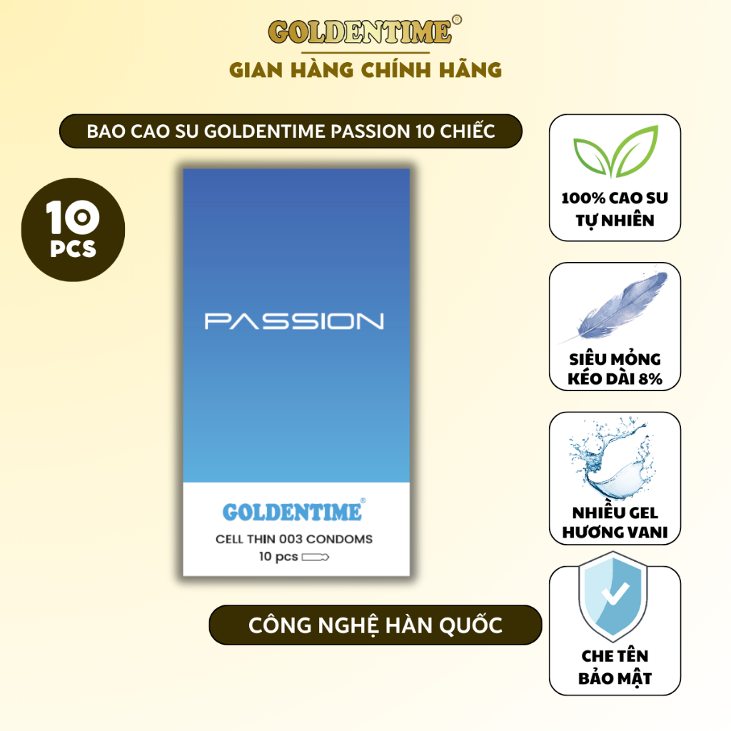Bao cao su Siêu mỏng GOLDENTIME Passion 003 Nút thắt Nhiều gel Kéo dài thời gian hương vani size 52mm