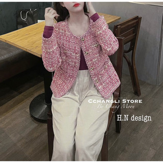 Áo khoác dạ tweed hồng tím khuy hoa QC