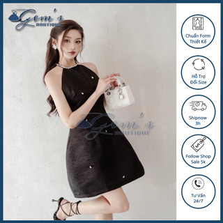 VÁY / ĐẦM CỔ YẾM ĐÍNH ĐÁ PHALE CAO CẤP (sẵn mút ngực)