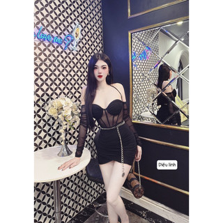 Đầm body lưới trễ vai dài tay sang chảnh tôn dáng