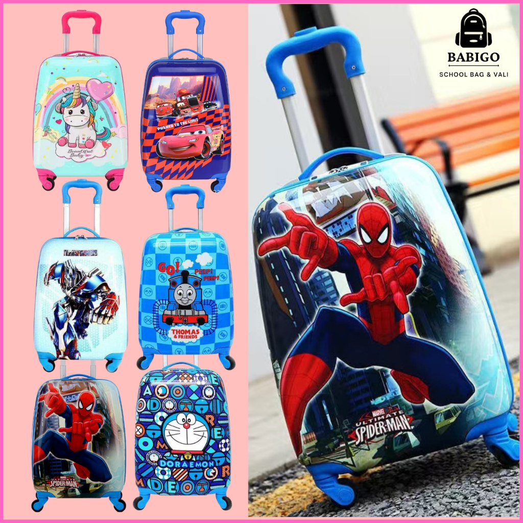 Vali kéo du lịch cho bé trai 18 inch CHÍNH HÃNG BABIGO hình spiderman, robot, ô tô macqueen thomat doremon nhện BBG0708
