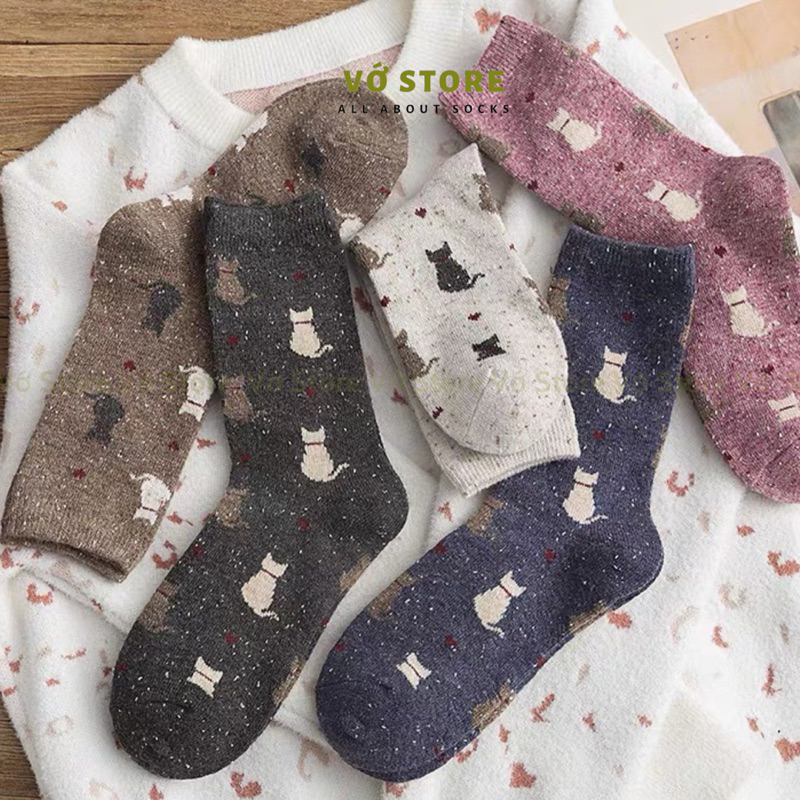 Tất vớ nữ cổ cao hoạ tiết mèo dễ thương chất liệu len mềm mịn