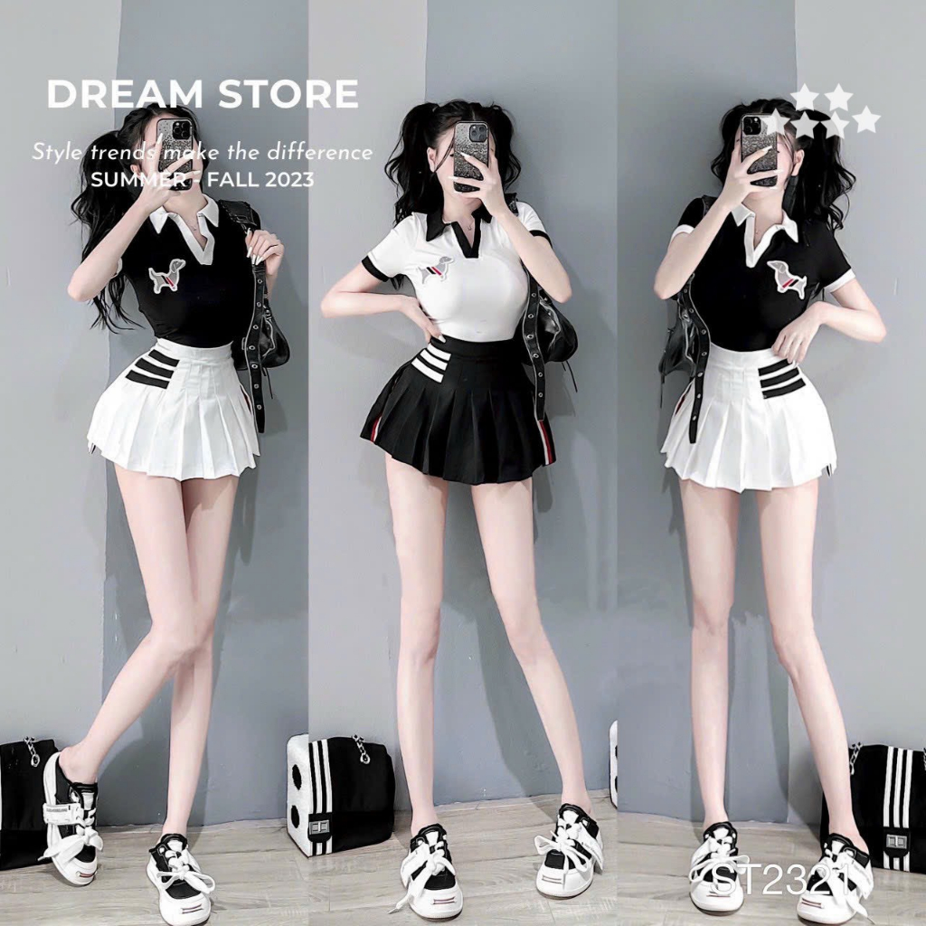 Set bộ đồ nữ áo thun phối viền cổ mix chân váy xếp ly xòe xinh xắn cho các nàng diện đi chơi, đi phố