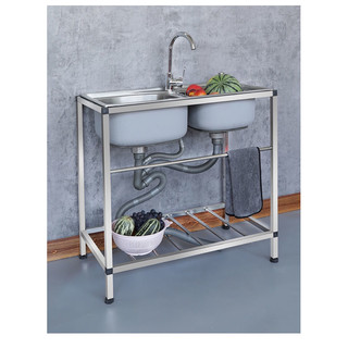Chậu rửa chén 2 hộc inox 7575cm kèm chân, vòi, bộ xả