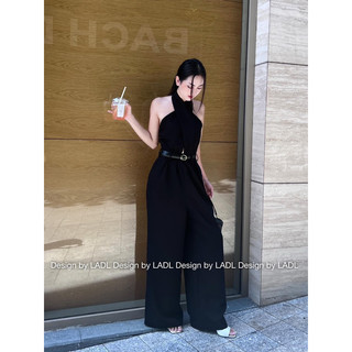 Jumpsuit cổ yếm hở lưng quần ống suông kèm đai Datasco