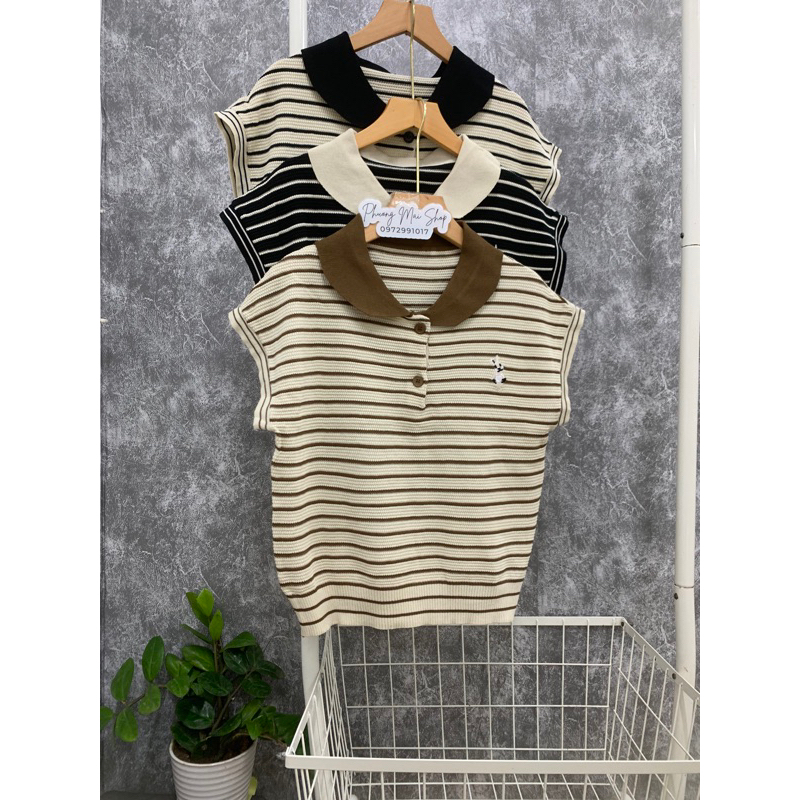 Áo len tăm kẻ ngang tay hến,cổ sen thêu hình cá tính hàng quảng châu A211