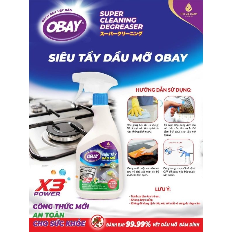 Siêu tẩy dầu mỡ OBay, tẩy xoong nồi, vách hút mùi đa năng chai 450 Ml