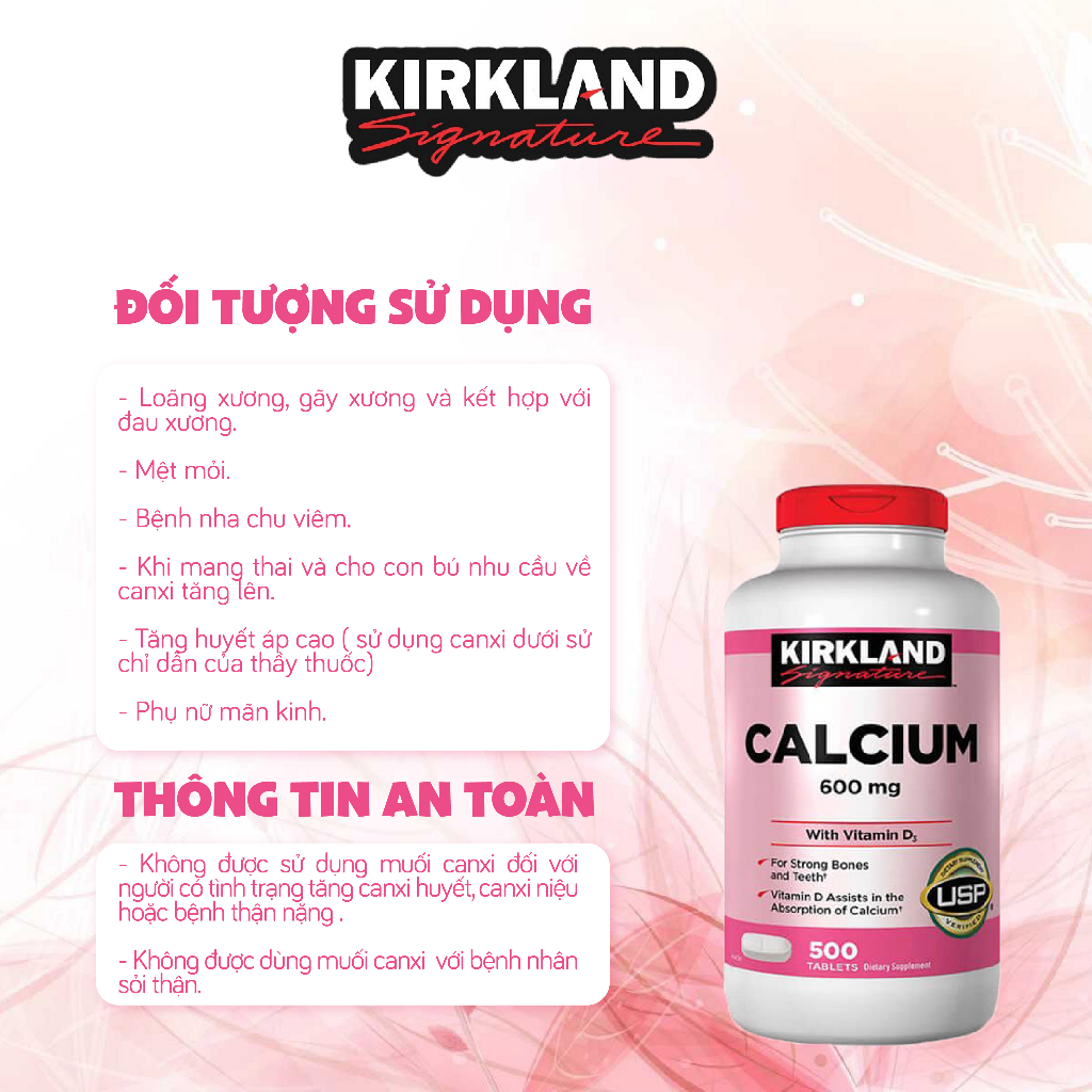 Bổ sung canxi Calcium 600mg + D3 Kirkland Signature 500 viên giúp xương chắc khỏe, giảm nguy cơ loãng xương