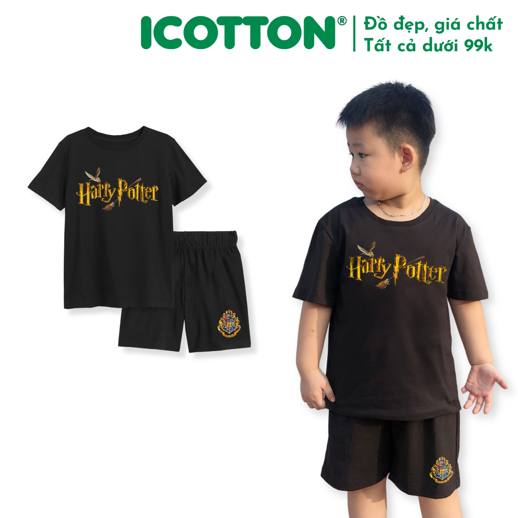 Bộ ngắn tay bé trai Harry màu đen trắng chất cotton 4 chiều BT146