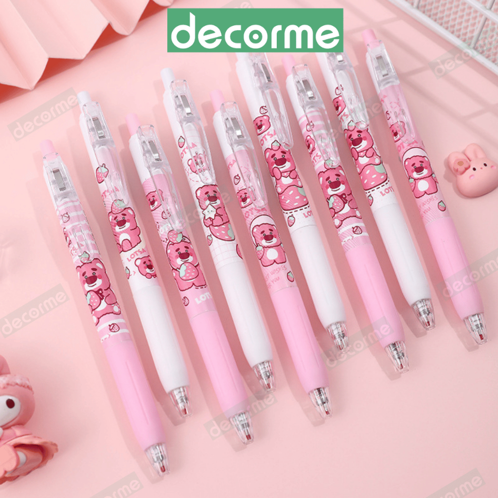 Bút gel mực màu đen 0,5 gấu dâu Decorme họa tiết dễ thương set 6 bút phụ kiện văn phòng phẩm có bán lẻ