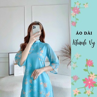 Áo dài cách tân dáng suông hoa xanh