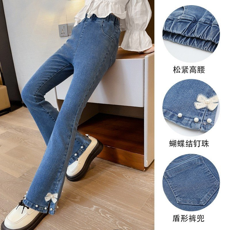 Quần JEANS Ống Loe. Thiết Kế Điệu Đà Đính Nơ Cute Cho Bé Gái Từ 15-45kg
