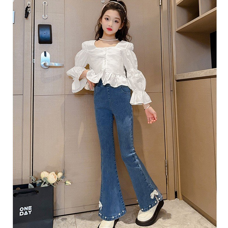 Quần JEANS Ống Loe. Thiết Kế Điệu Đà Đính Nơ Cute Cho Bé Gái Từ 15-45kg