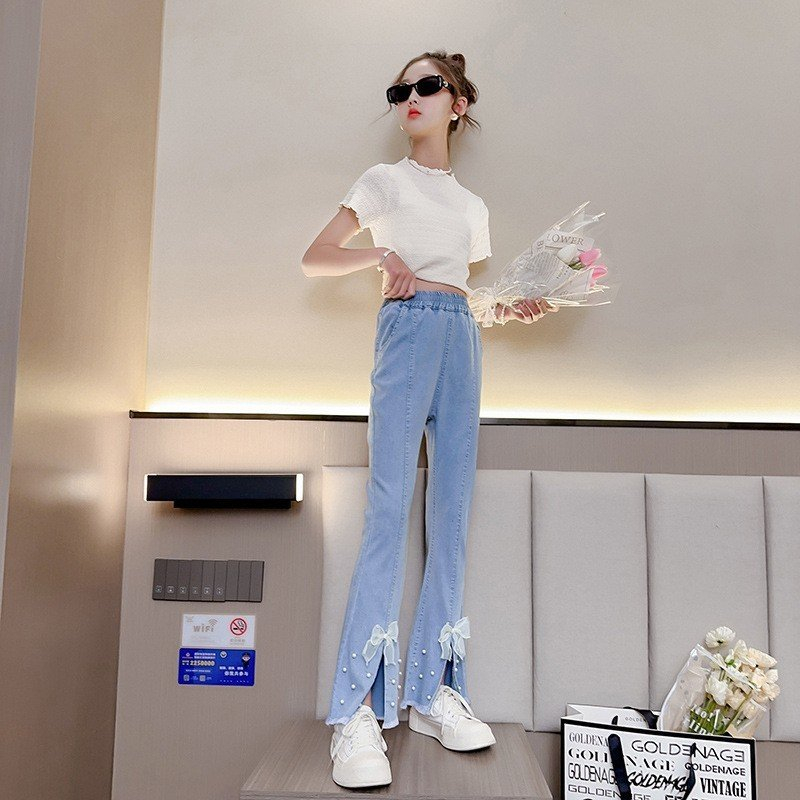 Quần JEANS Ống Loe. Thiết Kế Điệu Đà Đính Nơ Cute Cho Bé Gái Từ 15-45kg
