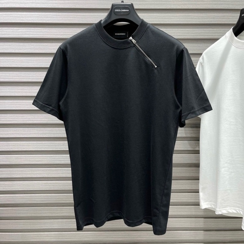 Áo Phông Nam Nữ Dsq2 Trơn Phối Thêu Khoá Zip Chéo Cổ Kiểu Dáng Đơn Giản Basic . Áo Thun Trơn Cho Các Boy Phố Hót B
