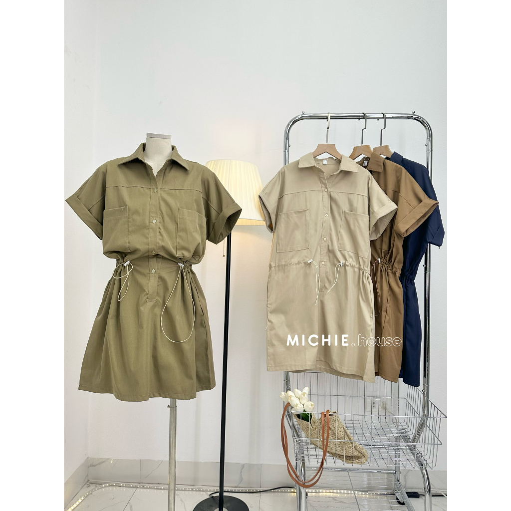 Váy sơ mi cổ bẻ dây rút chun eo michie.house tay gập dáng ngắn xinh nhẹ nhàng - V135