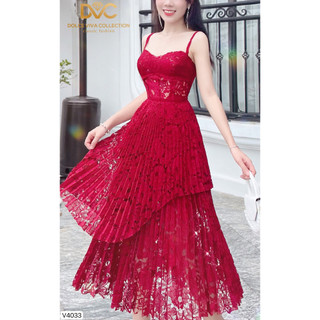 VÁY REN NỮ THIẾT KẾ, VÁY 2 DÂY REN ĐỎ PHỐI CHÂN VÁY XẾP LY V4033 - DVC