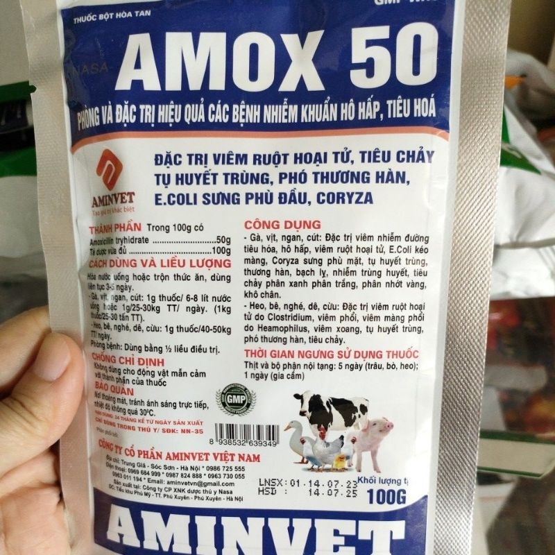 Amox 50% 100g sưng phù đầu heo con, tiêu chảy, tụ huyết trùng, toi, viêm ruột hoại tử