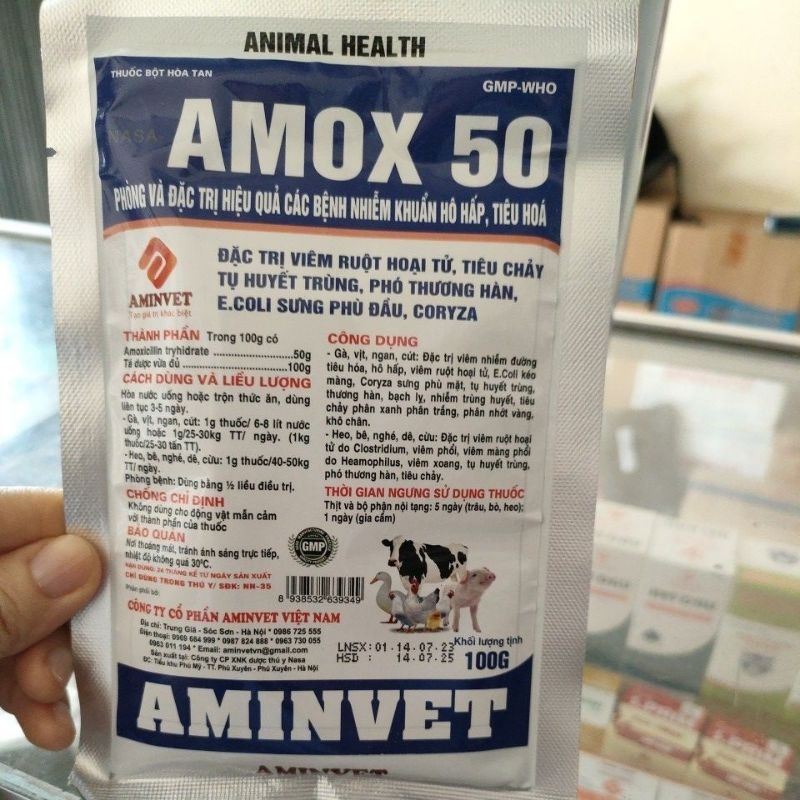 Amox 50% 100g sưng phù đầu heo con, tiêu chảy, tụ huyết trùng, toi, viêm ruột hoại tử