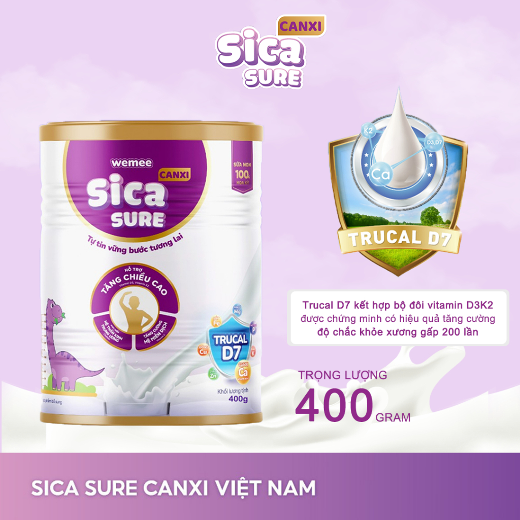Sữa non Sica sure Canxi tăng chiều cao cho trẻ từ 3 - 15 tuổi hỗ trợ bé ăn ngon hỗ trợ tăng cân tăng sức đề kháng 400g