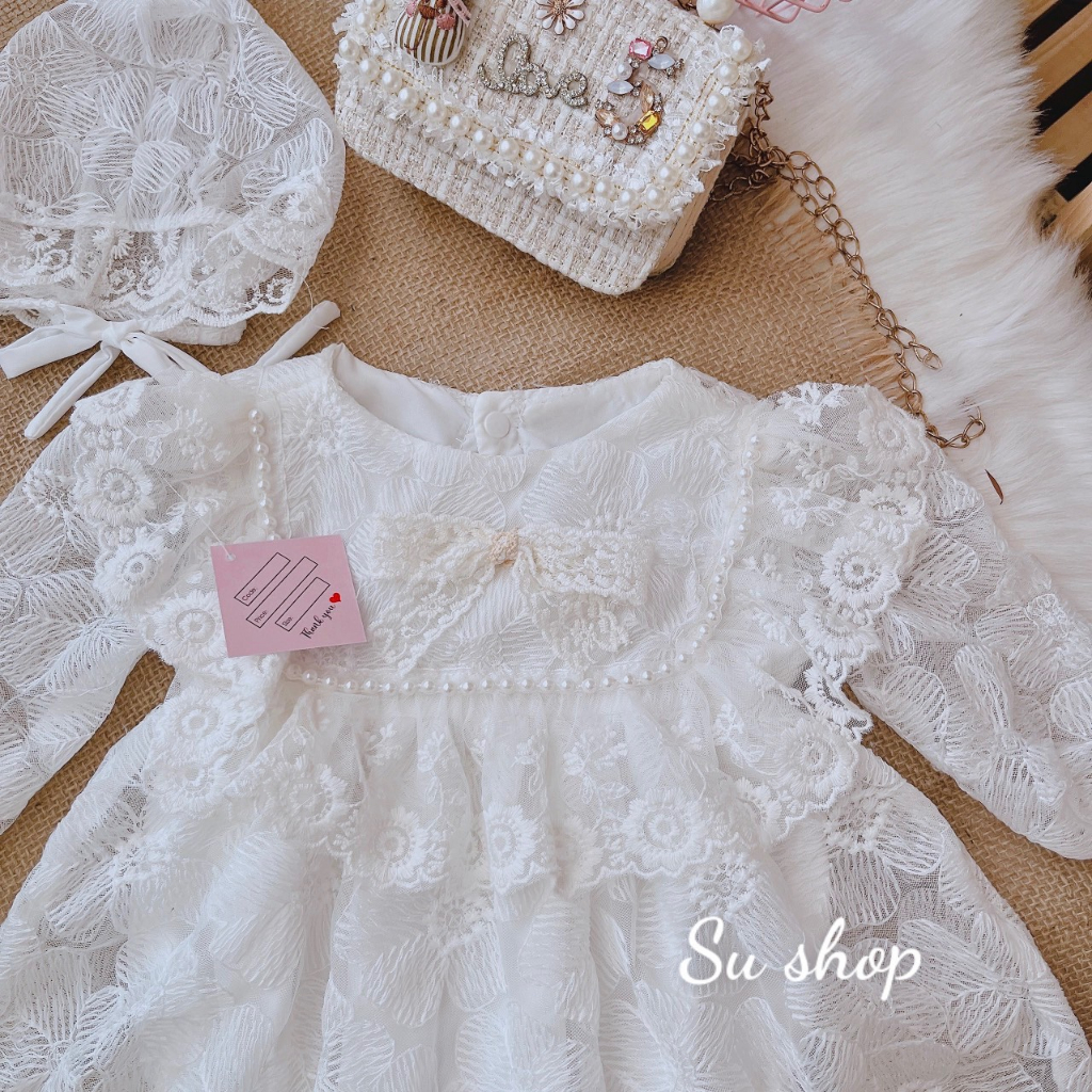Body váy trắng tay dài bé gái dễ thương 🍓[𝐓𝐀̣̆𝐍𝐆 𝐊𝐄̀𝐌 Mũ🍓 Su Shop- body thiết kế sinh nhật thôi nôi cho bé