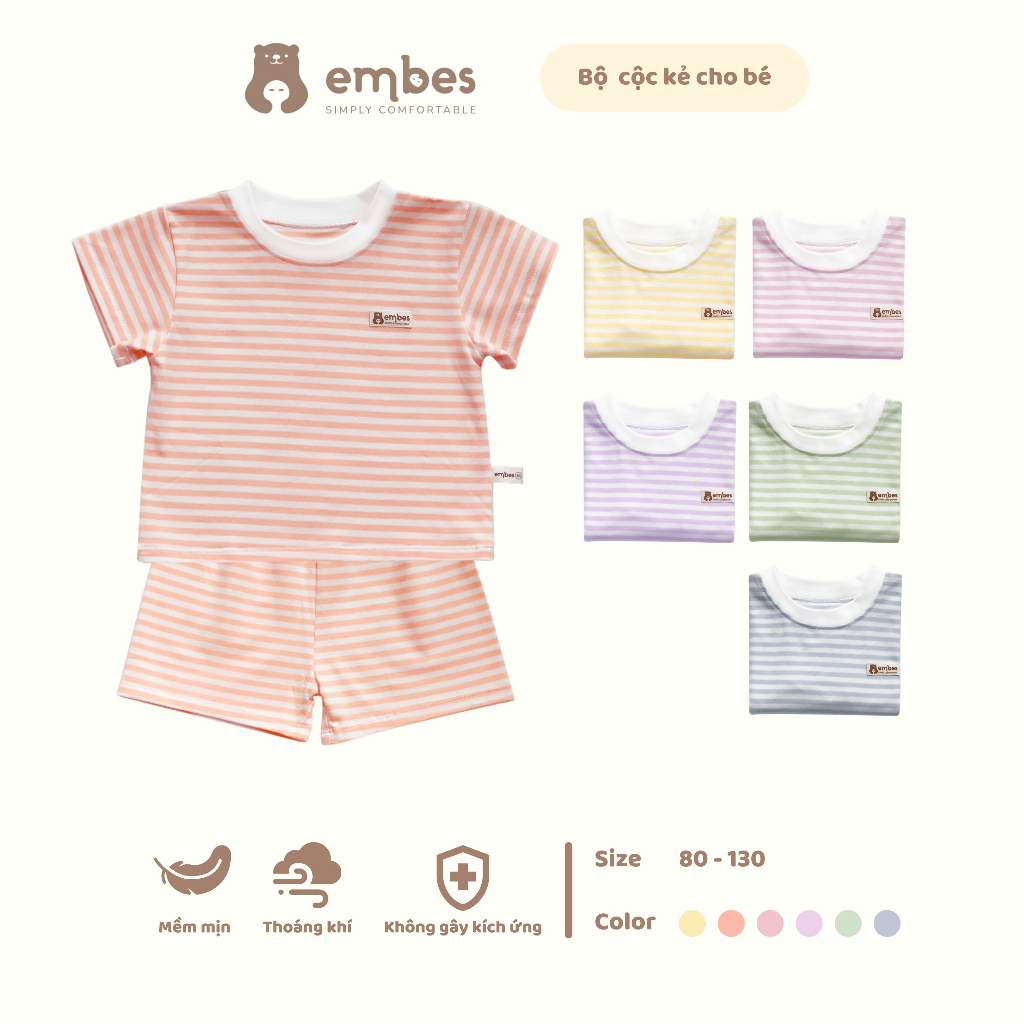 Bộ quần áo cộc kẻ Embes cho bé trai bé gái chất cotton mềm mịn từ 9kg đến 19 Kg