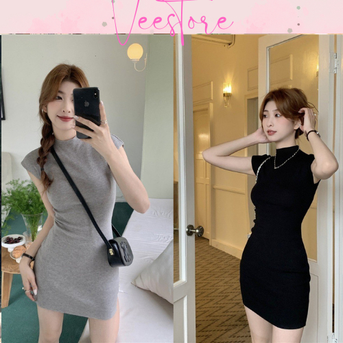 Váy ngắn len body cổ lọ tay hến, Đầm len body liền cổ cao sexy thời trang thịnh hành 2023 Veestore33