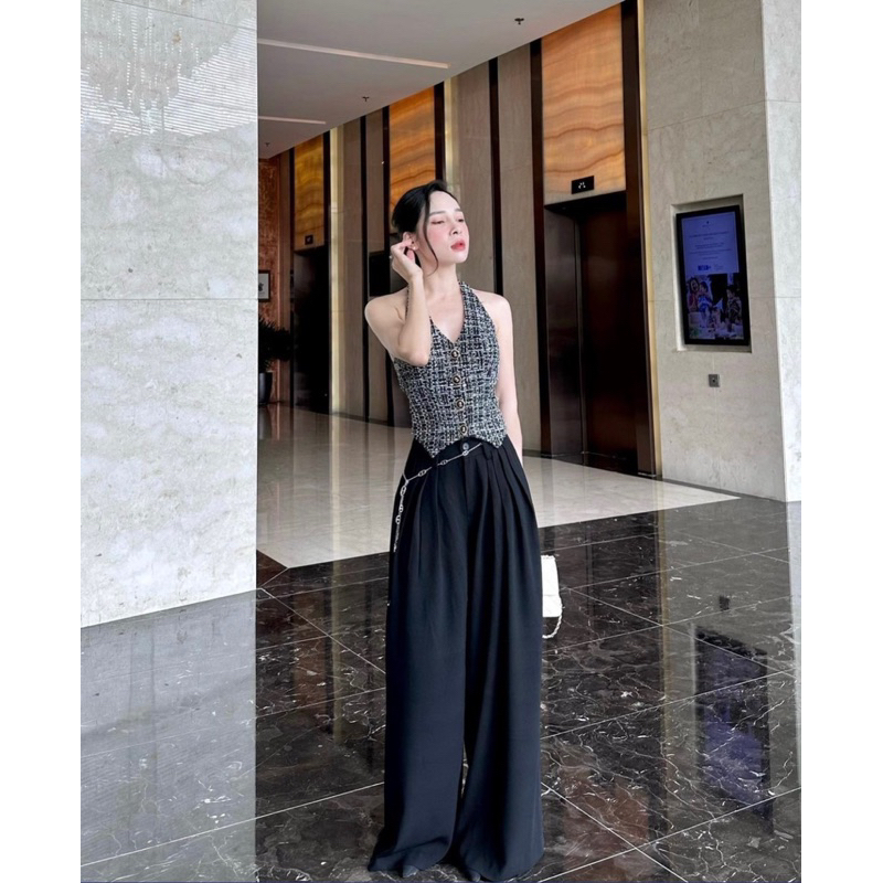 ÁO CROPTOP YẾM CARO ĐÍNH HOA HỞ LƯNG ❤️ về thêm SET QUẦN SUÔNG CULOTTES ĐEN