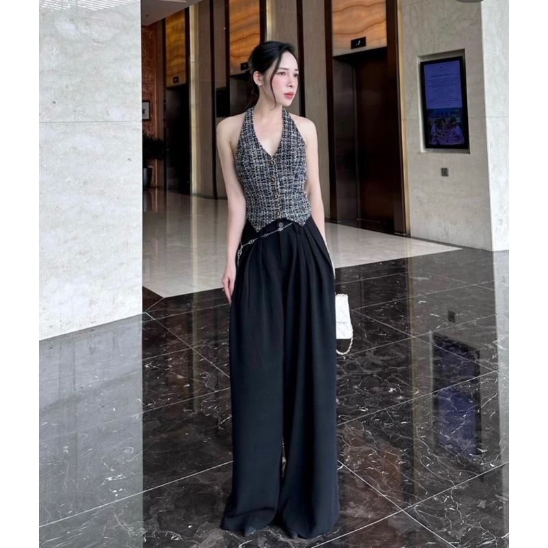 ÁO CROPTOP YẾM CARO ĐÍNH HOA HỞ LƯNG ❤️ về thêm SET QUẦN SUÔNG CULOTTES ĐEN