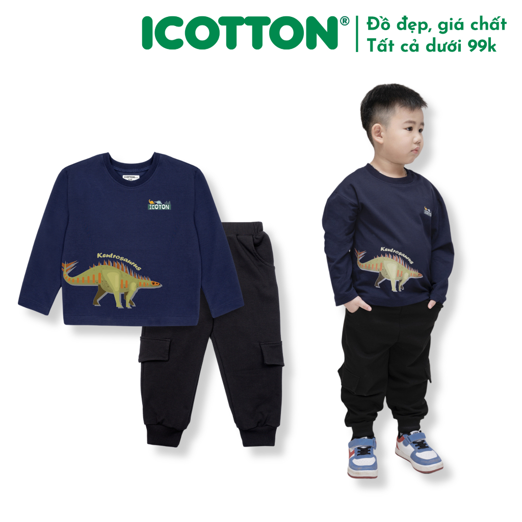 Bộ thu đông cho bé trai Icotton hình khủng long màu Xanh than BT132