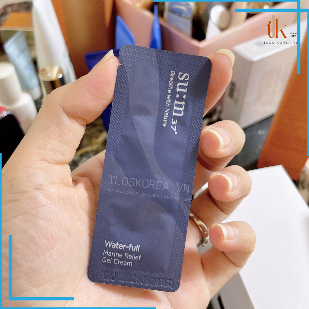 Gói kem dưỡng dạng gel cấp nước su:m37 water-full marine relief water gel cream 1ml gói sample kem sum37 xanh